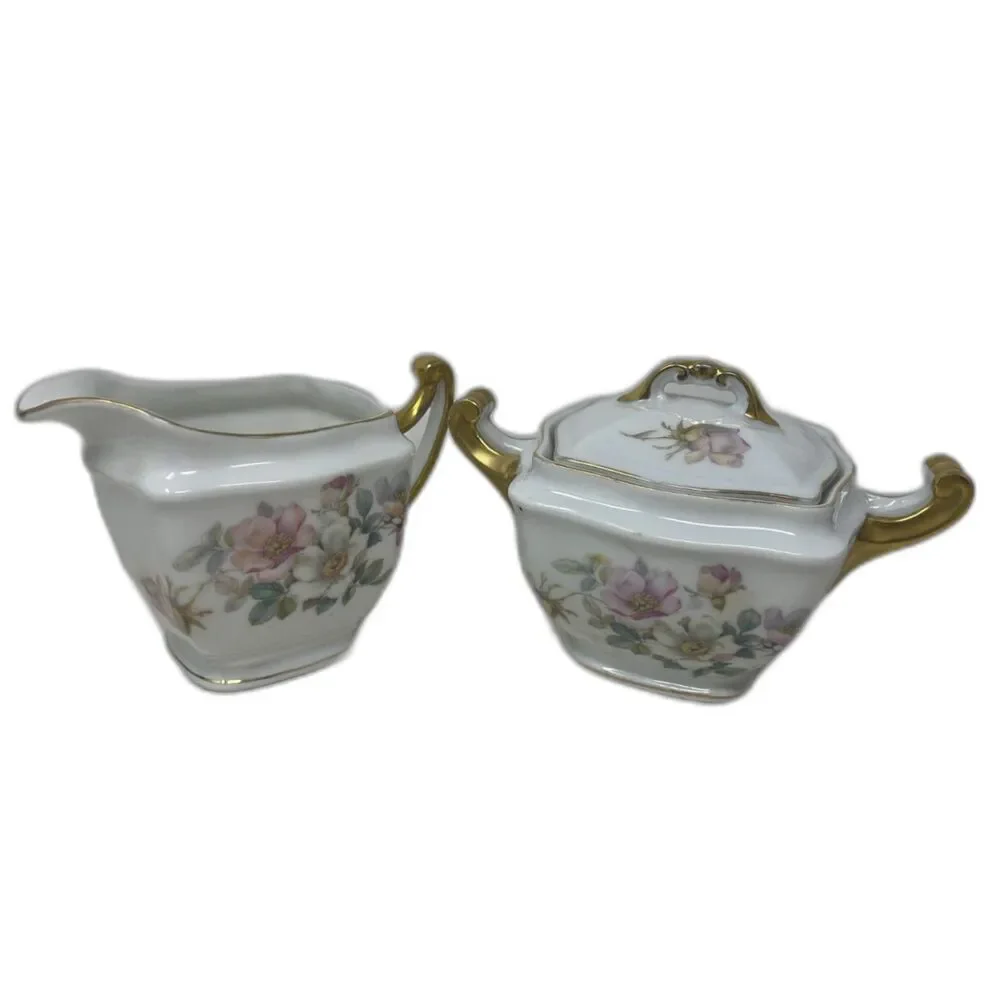 Epiag Royal Czechoslovakia Cream & Sugar Bowl Handpainted Floral & Gold ~ SPRING